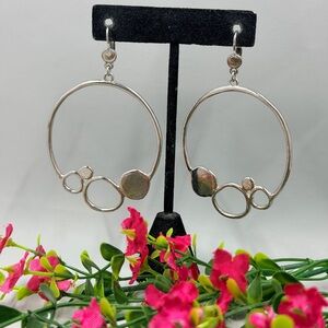 Vintage Silver Hoop Circular Geometric Design Dangle Earrings